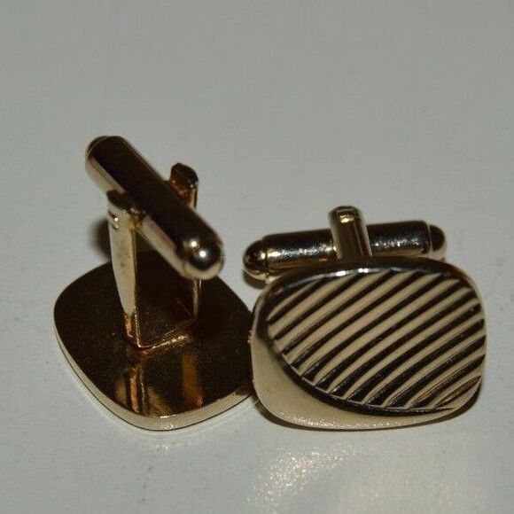 Vintage Mid Century Gold & Black Brass Tone Classic Textured Cuff Links Rare - Picture 2 of 3